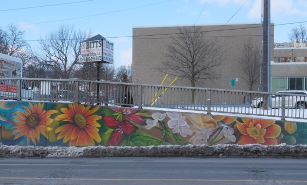 street art mural wall beside sidewalk at railway underpass, flowers, buildings in the background