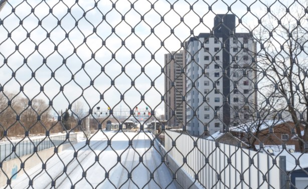 view from weston pedestrian bridge over train tracks, looking south