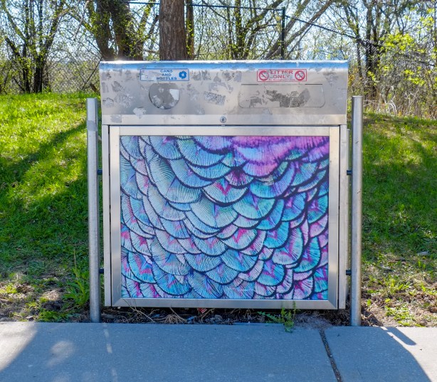 trash bin, metal, with colourful picture on the side