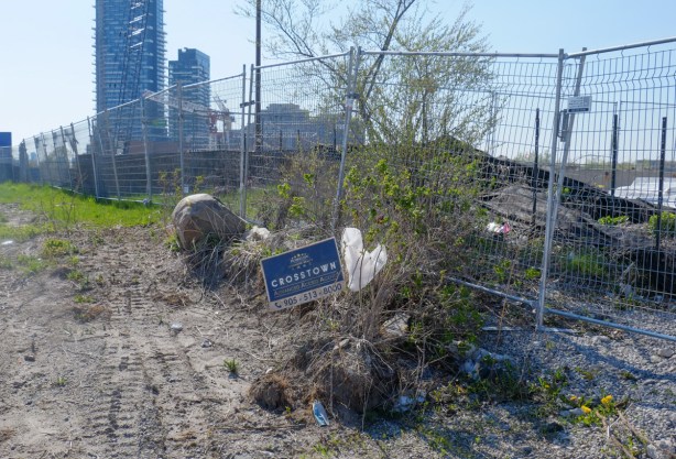 fence, dirt, and weeds in front of crosstown redevelopment