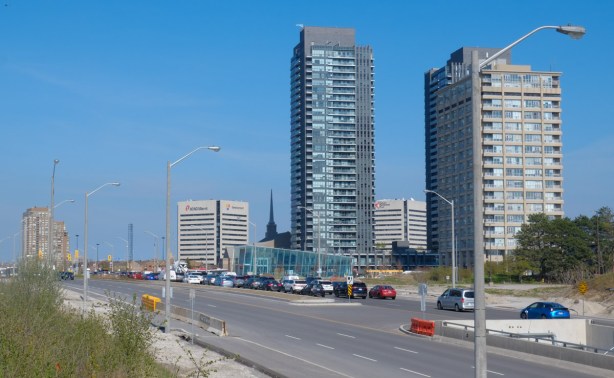 looking east on Eglinton Ave towards Don Mills Road and new science centre station on the south side