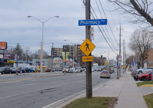 intersection of Pharmacy and Lawrence Ave East, yellow and black seniors sign,