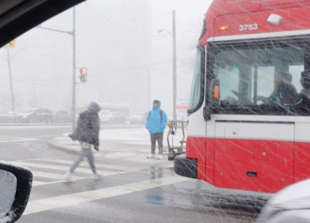raining, people walking past front of TTC bus