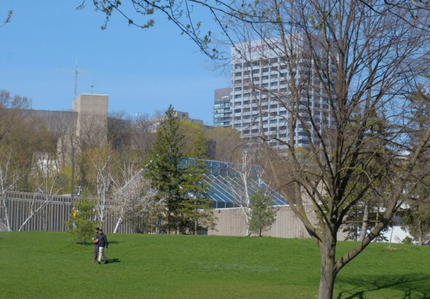 two men walk across the grass where the West Don Trail meets the Science Centre south entrance, spring, green grass, some buds on trees