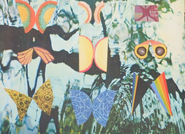 abstract image by Maggie Groat with sections of things put together to make butterfly shapes, 