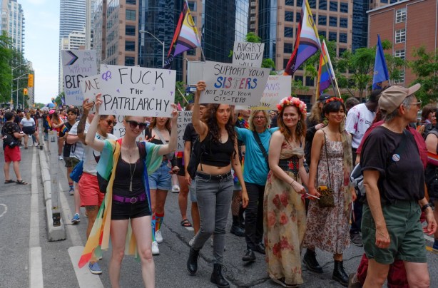 group pf women at dyke march in downtown toronto, carrying signs that say fuck the patriarchy and watching out for sisters
