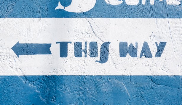 part of a blue and white sign, with the words this way and an arrow pointing left 