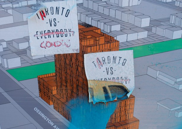 two stickers on a city development notice that instead of saying toronto vs everybody, say toronto vs condos