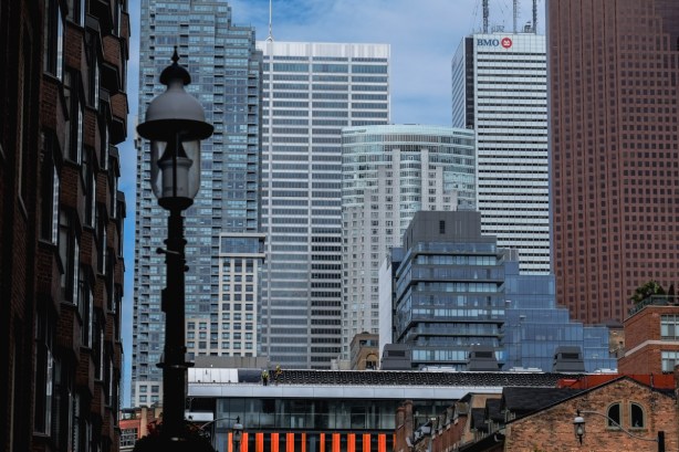view of Toronto skyline from Front and Jarvis