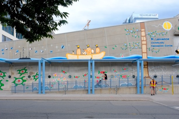 exterior of St. Lawrence Community Centre, painted with new mural, first nations theme