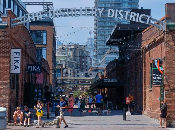 east entrance to Distillery District at Cherry street, with large Distillery District sign overhead