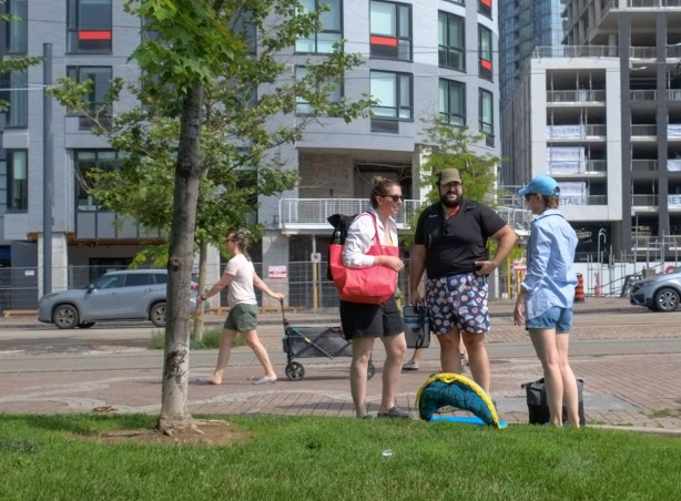 three people talking, standing in a park 