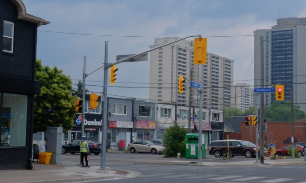 southeast corner of Marlee and Viewpoint, Toronto, strip mall, highrise in background