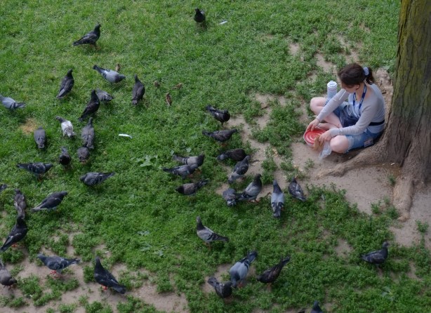 woman sitting on grass and feeding pigeons while she smokes a cigarette