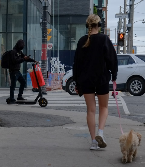 a young woman walks her dog