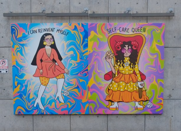 painting by Hana Shafi in bold colors, two people, one on the left and one on right