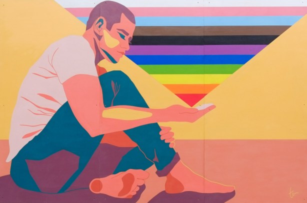 painting by Terren McNeely, pride 2023, man with inverted rainbow pyramid in his hand