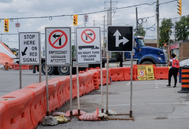 traffic directional signs, no right turn for large trucks, no left turn, 