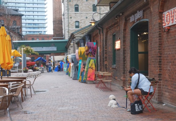 a woman sits on a stool in the distillery district, with a small white dog, 