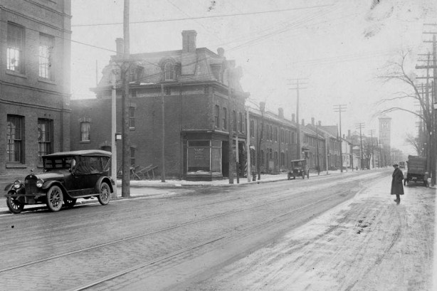 black and white vintage photo of Queen street, looking west, at Cherry street 