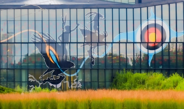 painting on a large window of Daniels school of architecture building