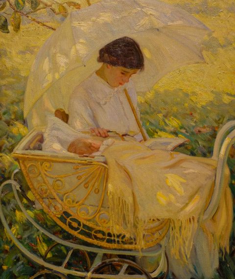 painting of a young woman sitting and reading beside baby who is asleep in carriage