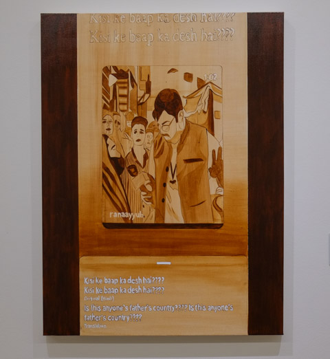 painting on a gallery wall of a mail reporter interviewing women in India. In brown tones. with text, image was taken from instagram acount of rana ayyub
