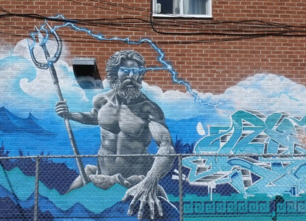 painting of Poseidon, greek god of the sea, in mural by Nick Sweetman, 