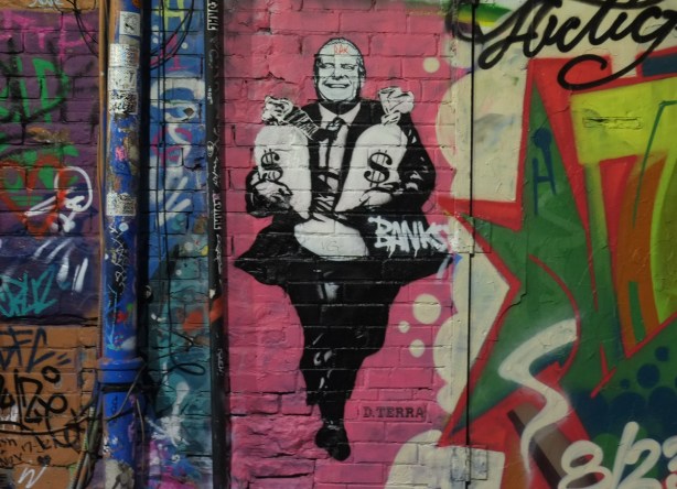 black and white stencil art by d terra, of doug ford in a ablack suit, white shirt, black tie, holding bags of money and smiling