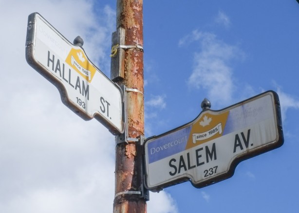 two Toronto street signs, both with Dovercourt top parts, Hallam st and Salem Ave