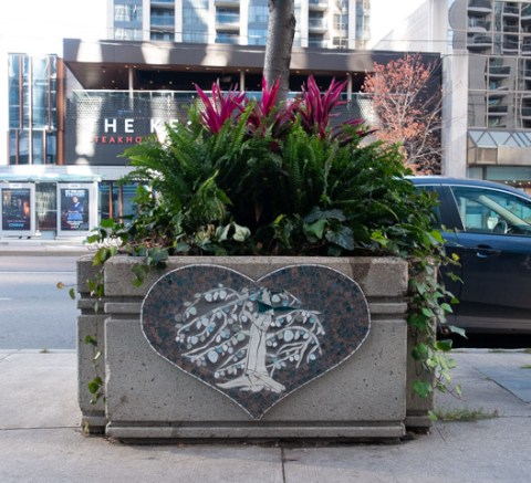 public art project on yonge street, heart shaped, decorated with picture of willow tree, on side of concrete plan