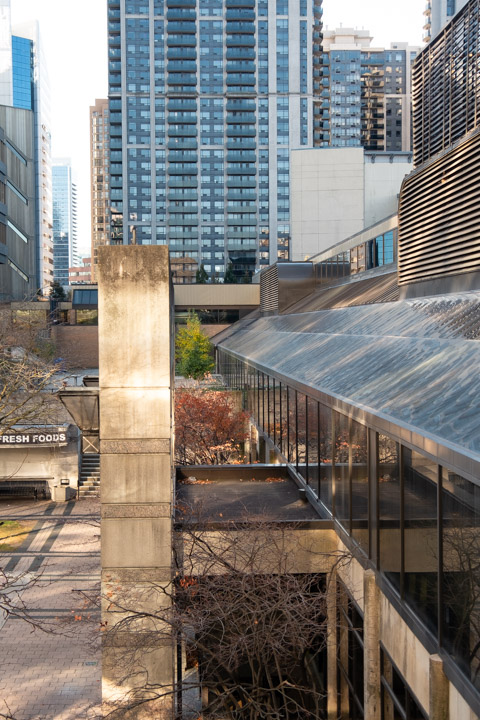 view from the back entrance to the library, looking south along the edge of North York City Hall towards Sheppard Ave