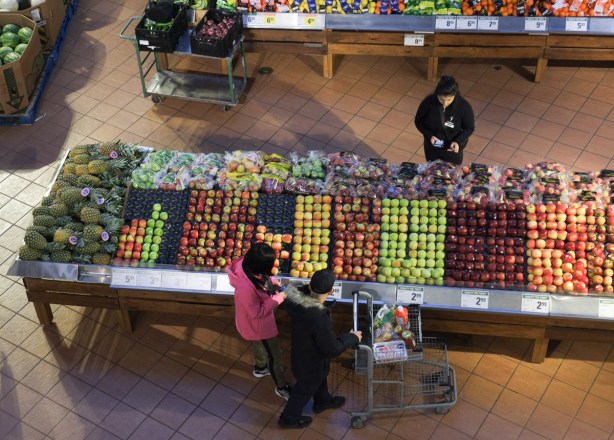 looking down from above to the produce section of Loblaws at Empress Walk, people shopping for apples