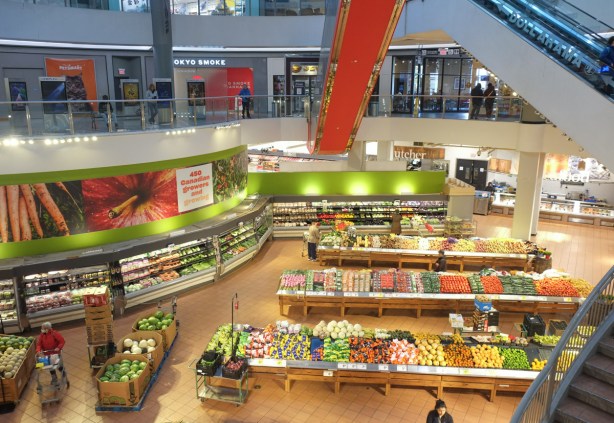 Looking down from mezzanine level to lower level Loblaws grocery store