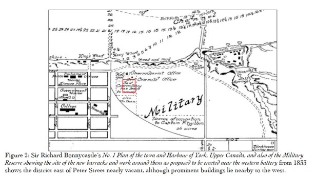 1833 map of Fort York and some streets in Toronto at the Lake Ontario waterfront