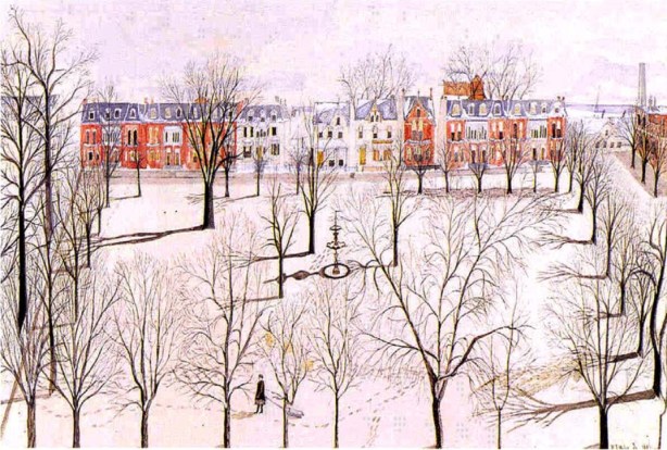 old painting of Clarence Park in Toronto in winter, trees around a small fountain, a line of houses at the top of the picture