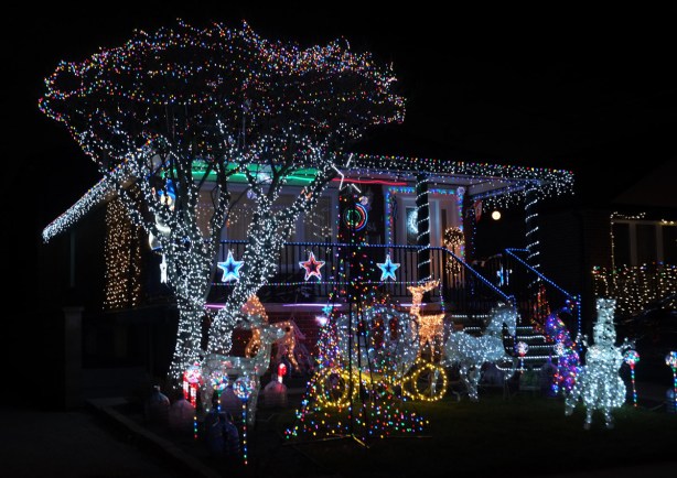 night time photo, house decorated with christmas lights on the tree, on the front of the house, star shapes, reindeer shapes
