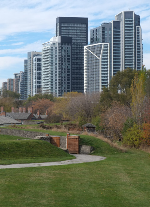 buildings at fort york in the foreground, new condo high rise buildings in the background, looking northwest from Bathurst and Front 
