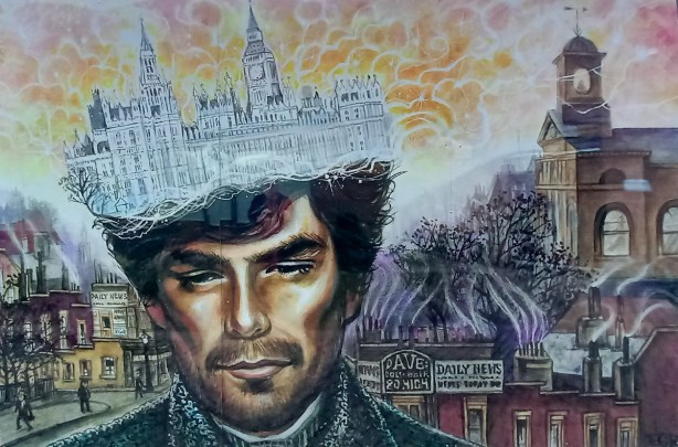 EGR image for Sherlock Holmes mural, Holmes with Westminster Palace in London as the top part of his head