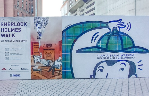 hoardings, decrated with panels with sherlock holmes theme, painted by various artists. title sections, 