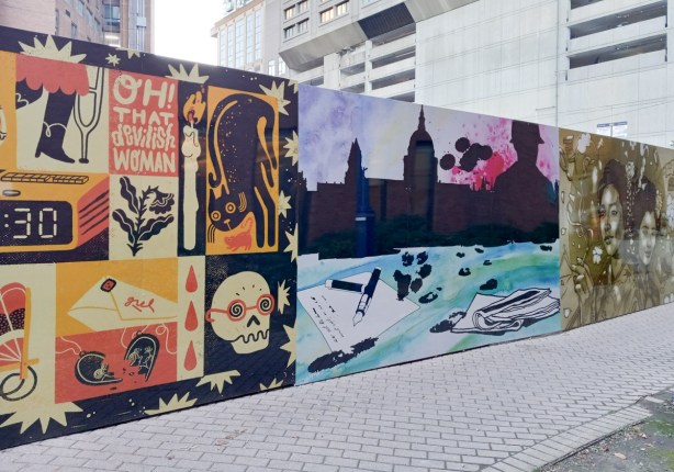 part of a long wall of hoardings around TTC property, at left is mural by Heidi Berton, Sherlock Holmes related images