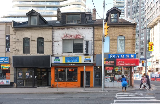 southwest corner of yonge and wellesley with old store fronts, 