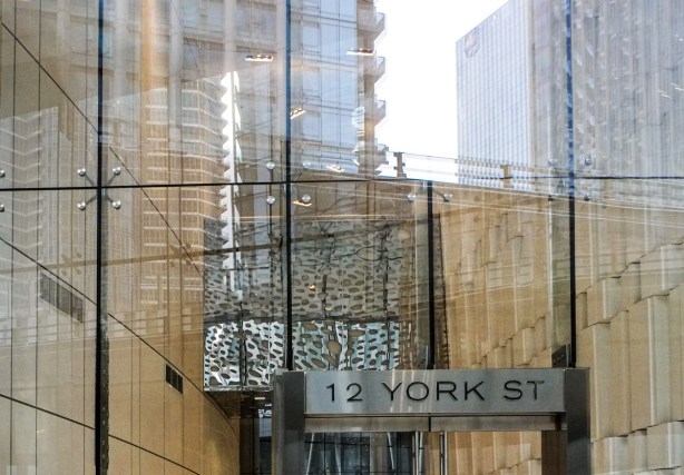 looking into entrance of 12 York, reflections in the glass