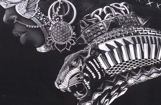black and white street art by Adeyemi Adegbesan of two Black males with elaborate jewellery and chains joining them, also a collar that looks like a metal jaguar or tiger roaring, 