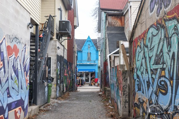 alley in Kensington, looking towards turquoise building, Courage my Love vintage clothing store