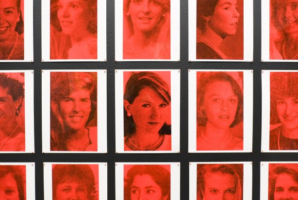 Grid of photos of young women, all red tones,