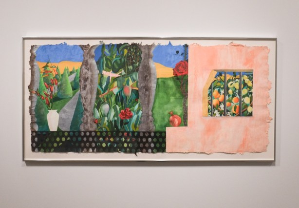 painting by Sarindar Dhaliwal, garden, window in a pinkish adobe wall looking out onto the garden, metal bars in the window