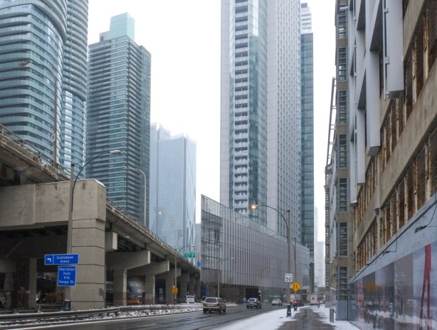 wedged shaped building at York and Gardiner Expressway