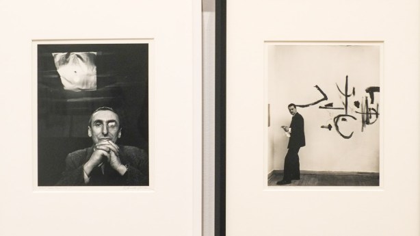 black and white portrait by Arnold Newman, 2 portraits, on right is Georges Mathieu a French Painter and on left is