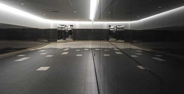 tunnel from Ice Condos at 12 York to the PATH system, black and white and reflective surfaces